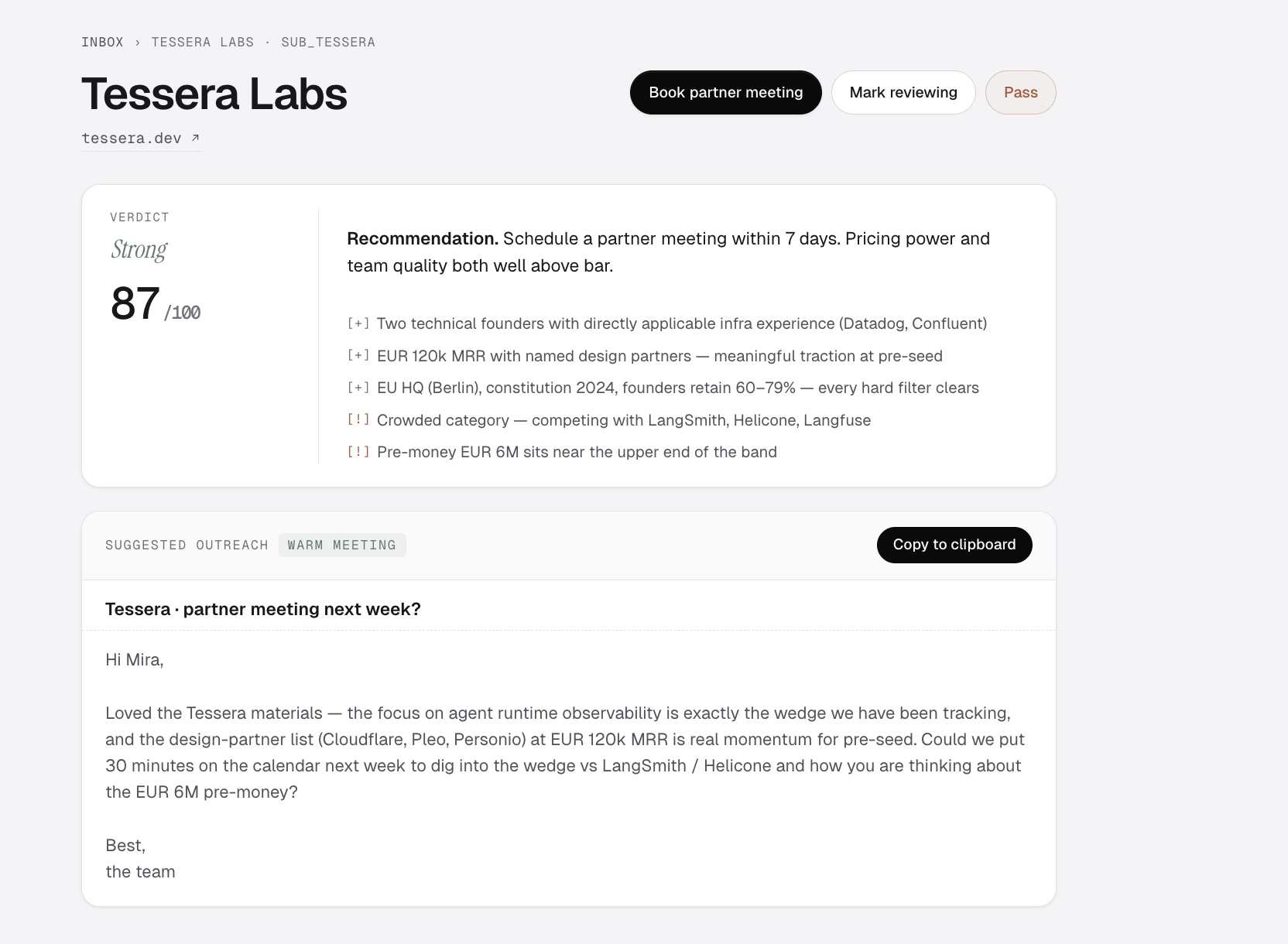Partner inbox showing scored pitch submissions